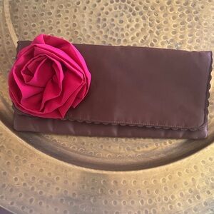 Elegant Brown Clutch with Pink Rose Accent - Women's Wristlet